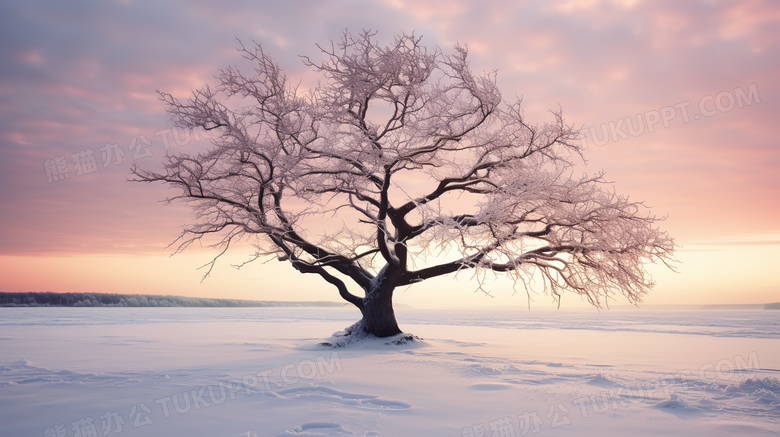 白色苍茫雪地里的一颗老树摄影图