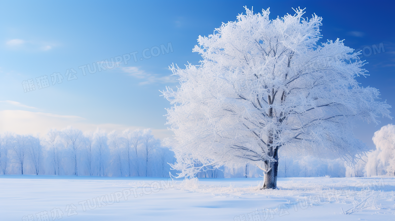 白色苍茫雪地里的一颗老树摄影图