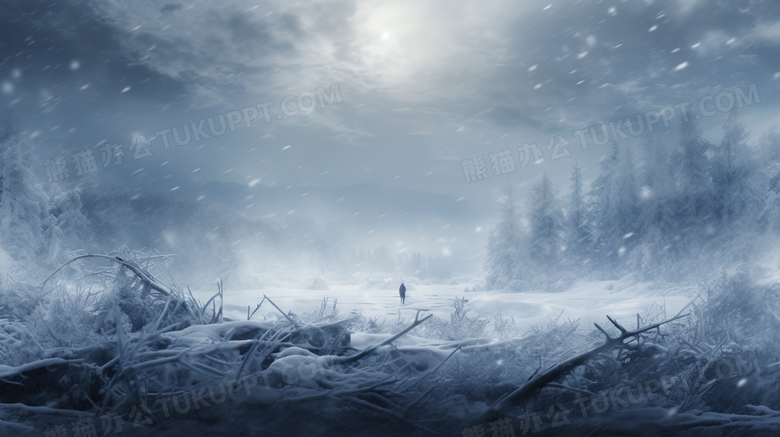 黑夜大雪天独自走在林中雪地里的人摄影图