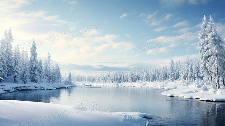 冬季大雪里的山林河流美景摄影图