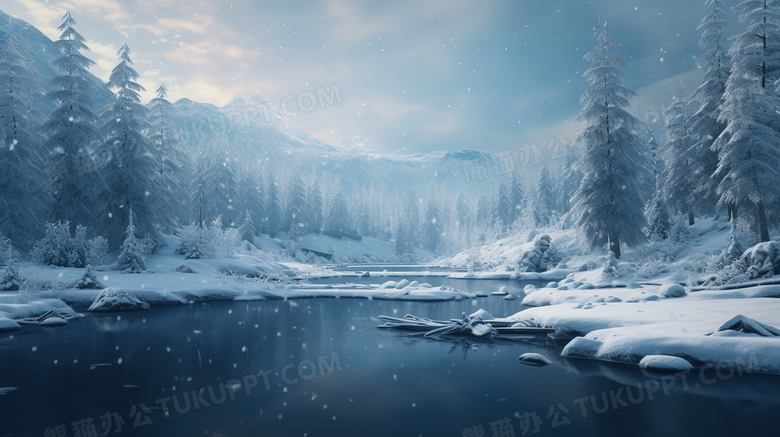 冬季大雪里的山林河流美景摄影图