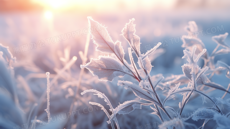 雪地里树枝上雪花冰晶特写摄影图