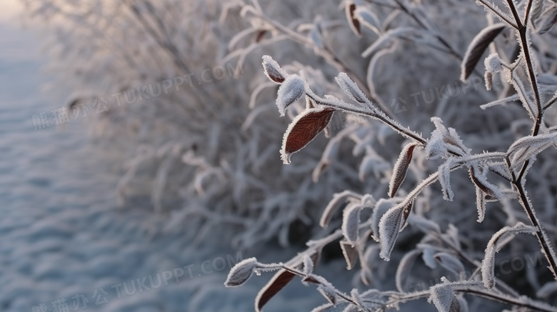 雪地里树枝上雪花冰晶特写摄影图