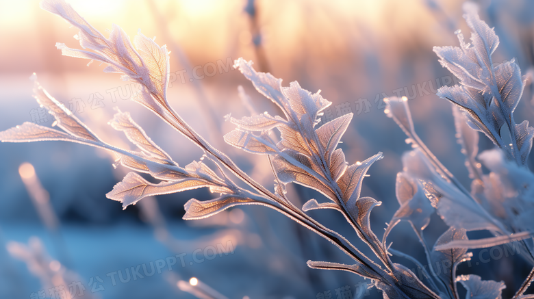 雪地里树枝上雪花冰晶特写摄影图