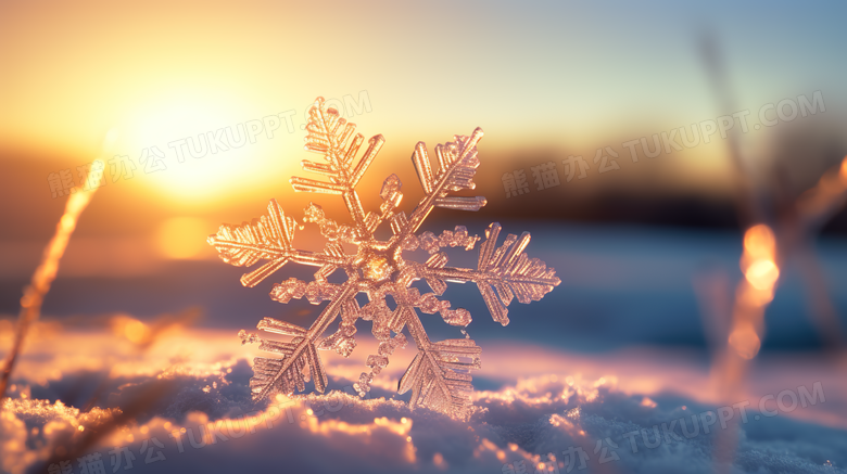 傍晚夕阳里雪地上的雪花结晶特写摄影图