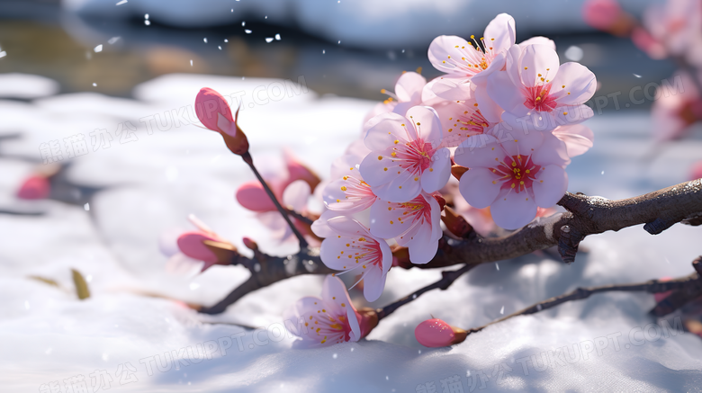 雪地里盛开的粉色桃花摄影图