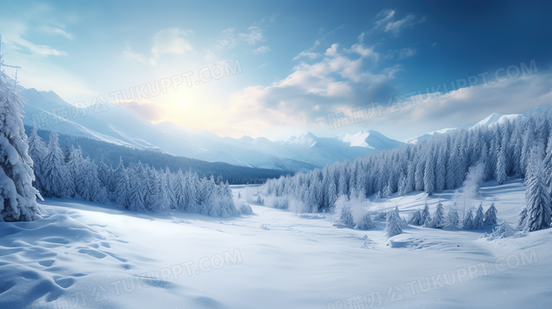 被大雪覆盖的山地树林风景摄影图
