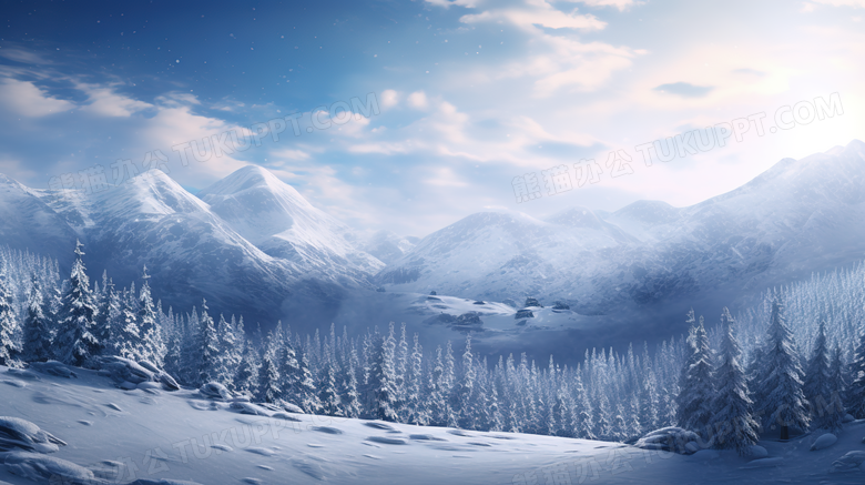 被大雪覆盖的山地树林风景摄影图