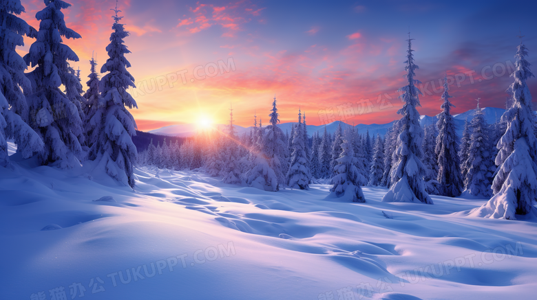 夕阳下的山地树林雪地风景摄影图