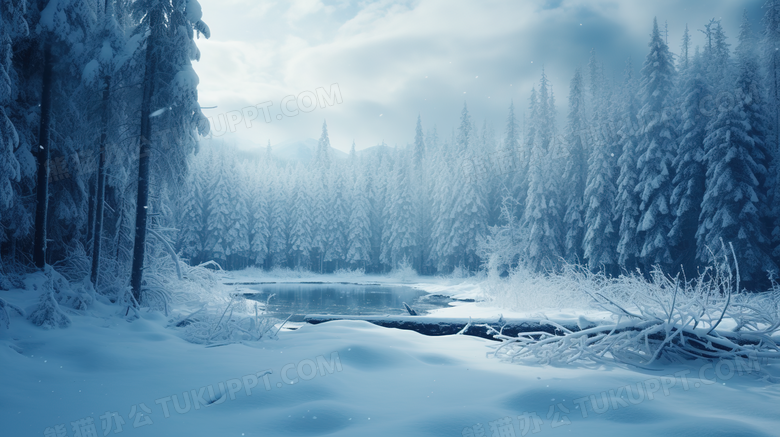 白色雪中的树林中的河流风景摄影图