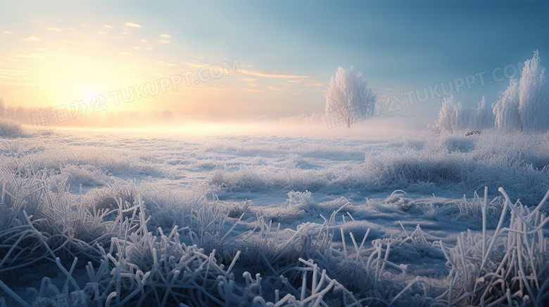 阳光下结霜的草地雪景摄影图