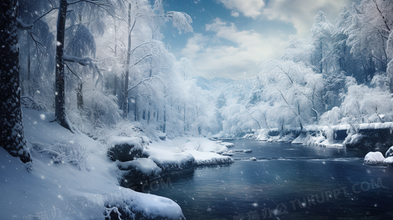 白色雪中的树林中的河流风景摄影图