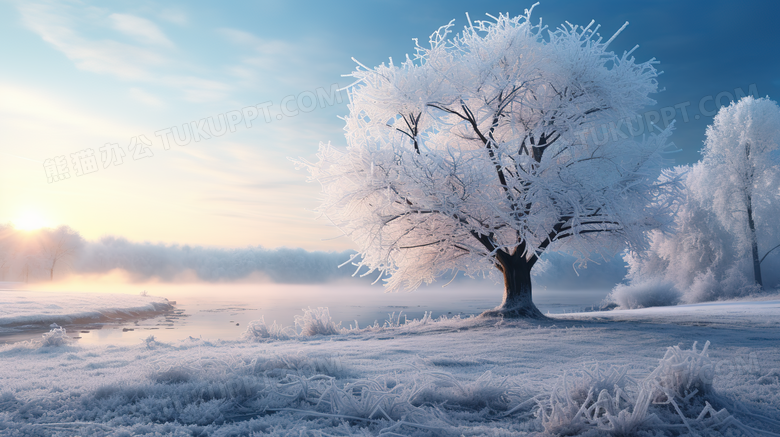 白色苍茫雪地里的大树风景摄影图