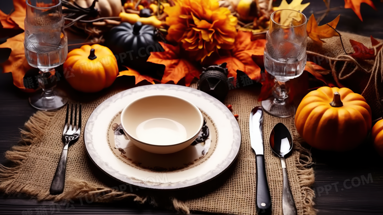 感恩节氛围感餐具刀叉晚餐摄影图