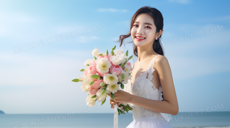 新娘手捧花站在海边摄影图
