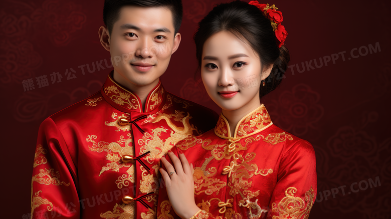 中式婚礼新郎新娘合照摄影图