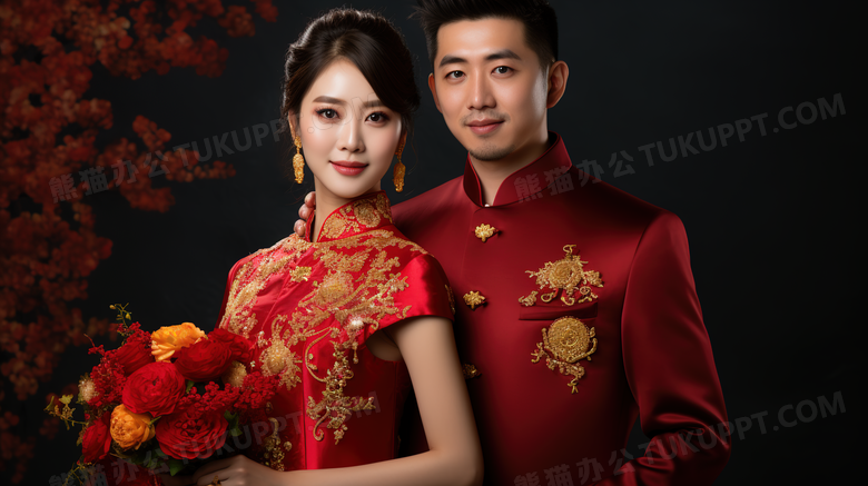 中式婚礼新郎新娘合照摄影图
