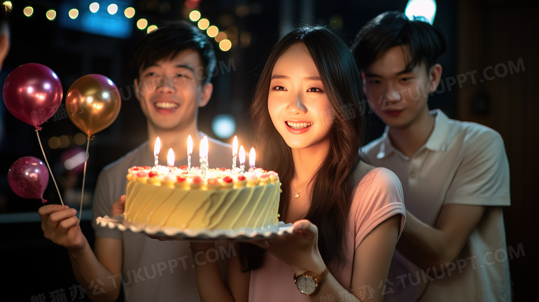 女孩对着生日蛋糕许愿摄影图