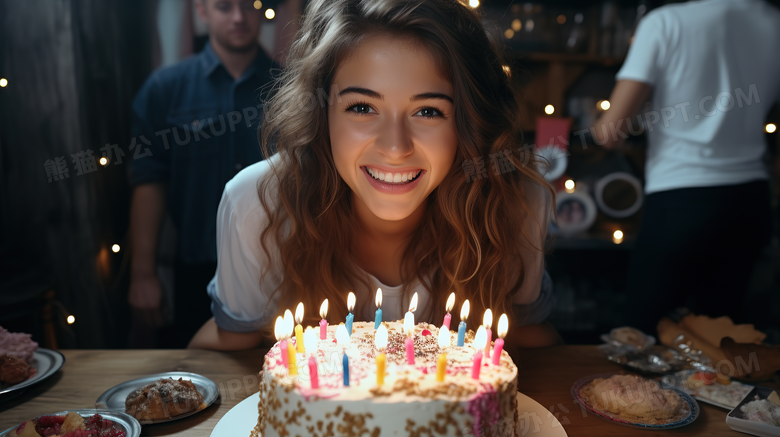 女孩对着生日蛋糕许愿摄影图