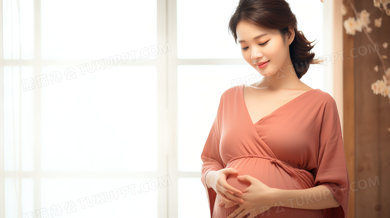 中国孕妇站在窗边温馨写真摄影图