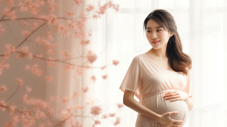 中国孕妇站在窗边温馨写真摄影图