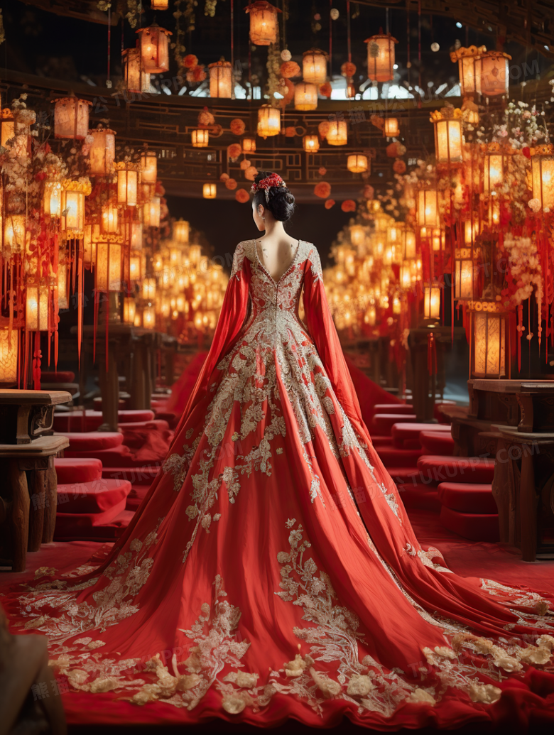 红色喜庆中式婚礼新娘摄影图