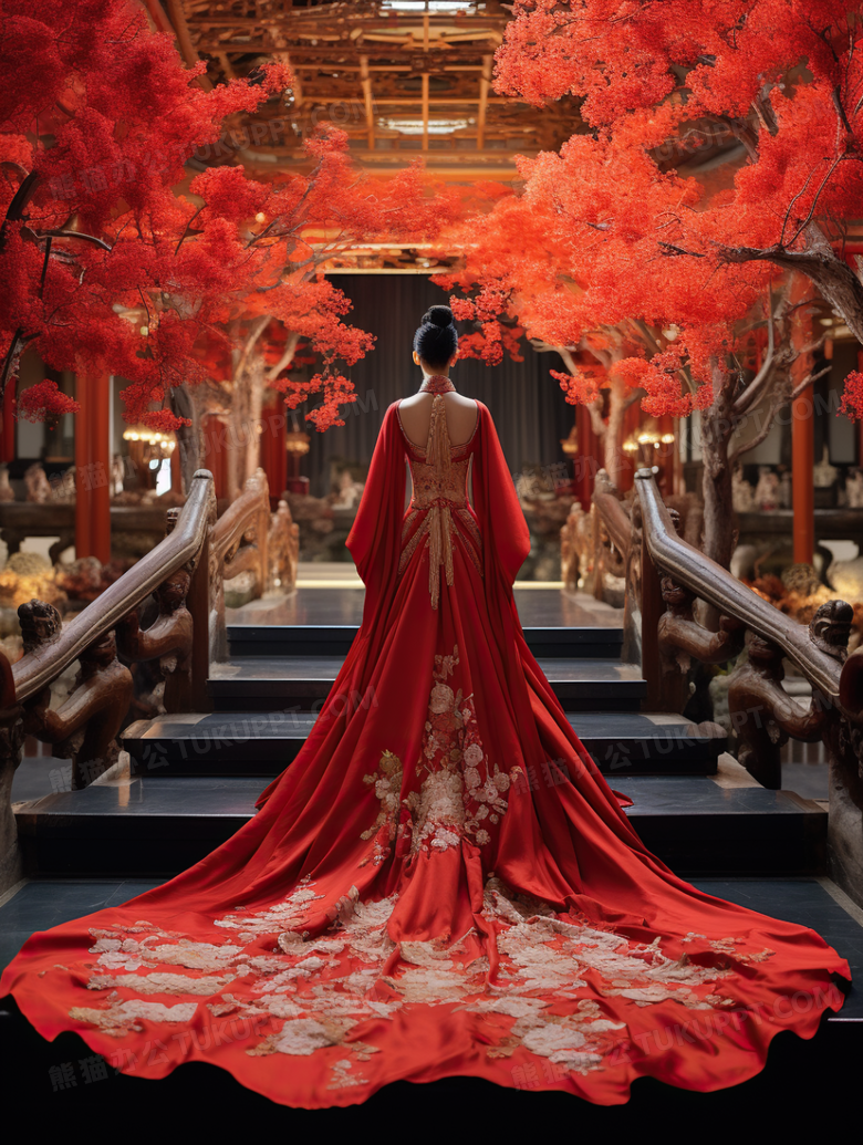 红色喜庆中式婚礼新娘摄影图