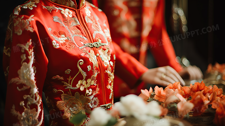 红色喜庆中式婚礼结婚礼服摄影图