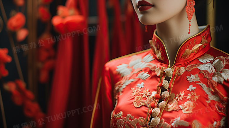 红色喜庆中式婚礼结婚礼服摄影图