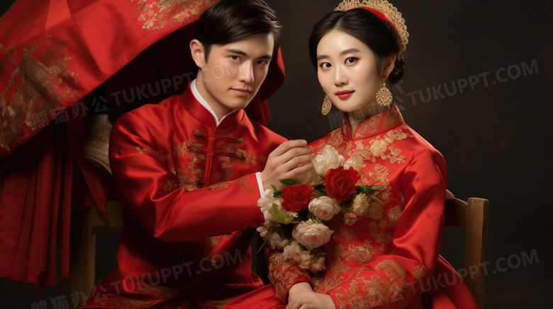 红色喜庆中式婚礼结婚人物情侣夫妻合照摄影图