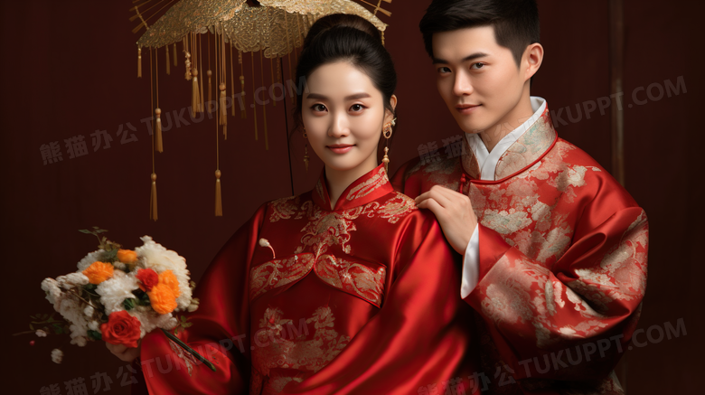 红色喜庆中式婚礼结婚人物情侣夫妻合照摄影图