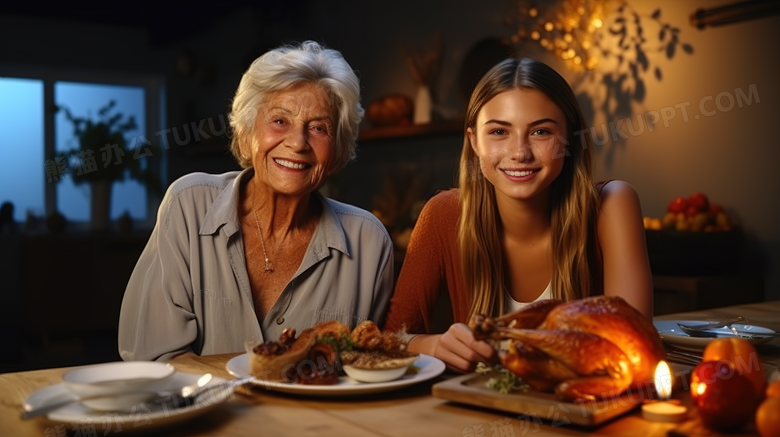 外国人感恩节大餐吃火鸡摄影图