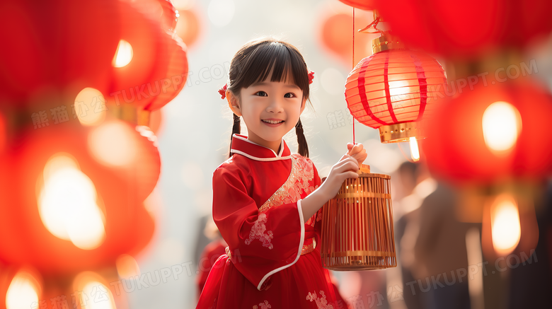 新年逛灯会的中国女孩摄影图