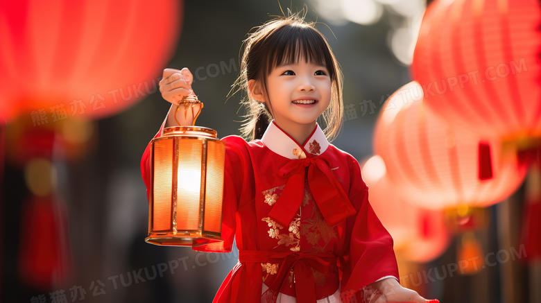 新年逛灯会的中国女孩摄影图