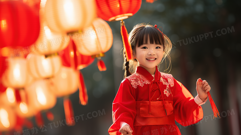 新年逛灯会的中国女孩摄影图