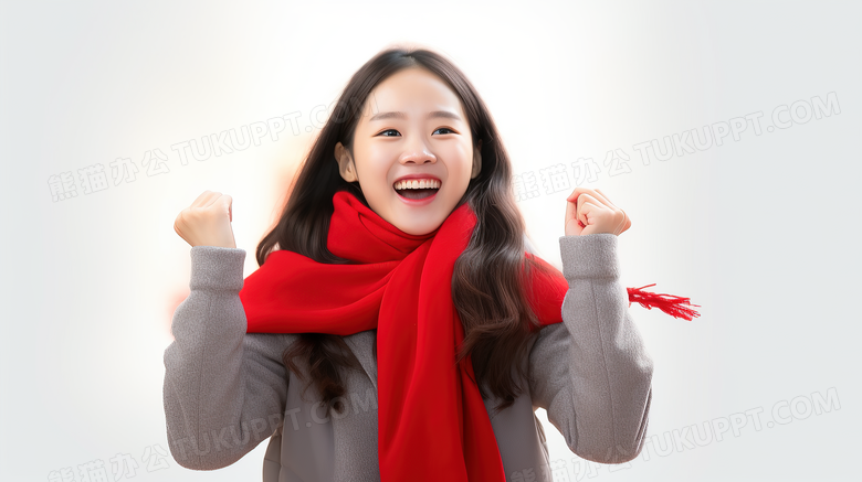 女孩围着红色围巾加油打气图片