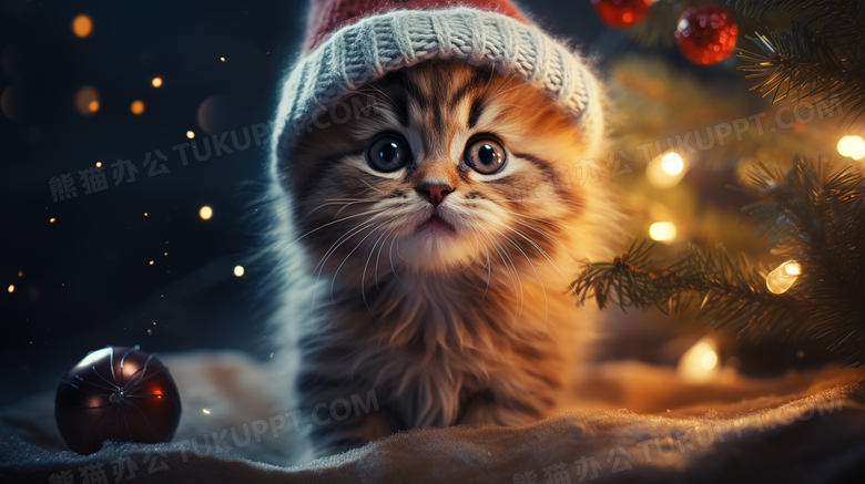 圣诞节戴着圣诞帽的小猫图片