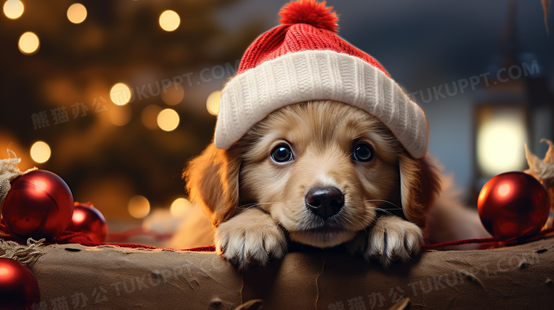 圣诞节戴着圣诞帽的小狗图片
