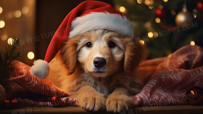圣诞节戴着圣诞帽的小狗图片
