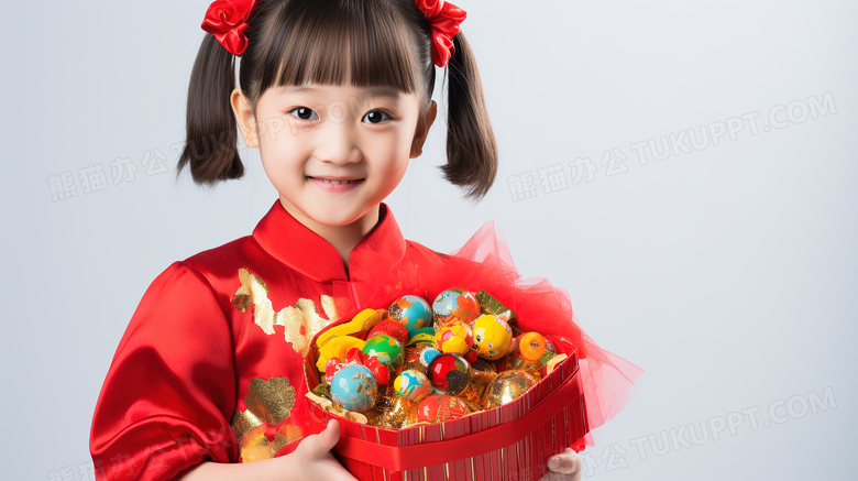 新年女孩抱着糖果盒图片