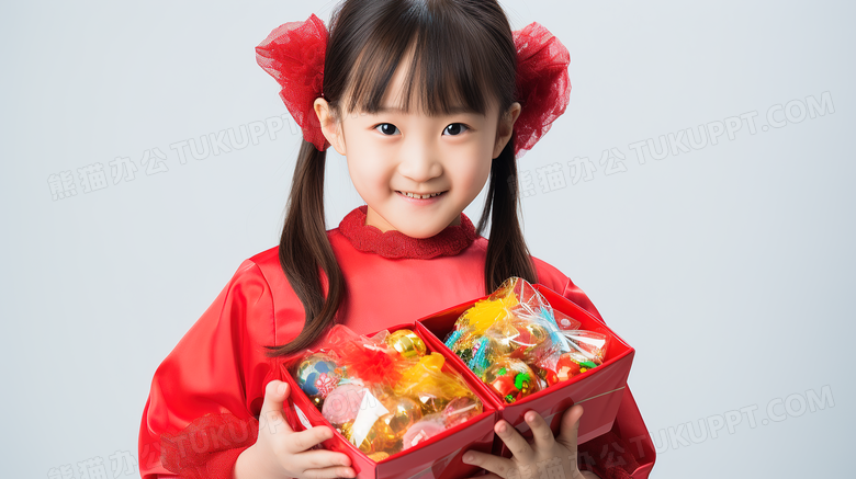 新年女孩抱着糖果盒图片
