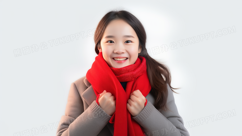 女孩围着红色围巾加油打气图片