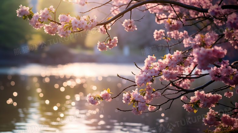 春季小河边花朵盛开图片