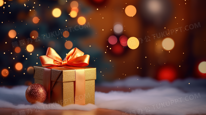 金色包装圣诞礼物盒和圣诞球图片