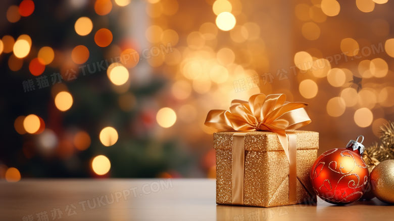 金色包装圣诞礼物盒和圣诞球图片