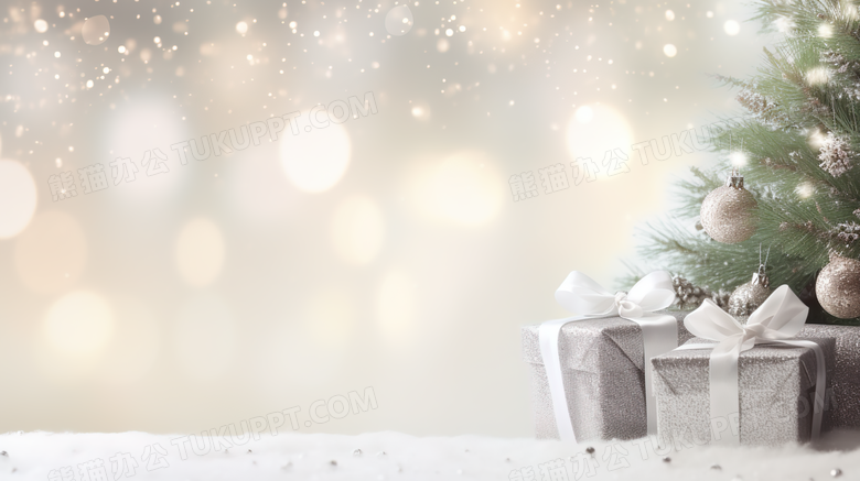 下雪灯光闪闪的圣诞树装饰图片