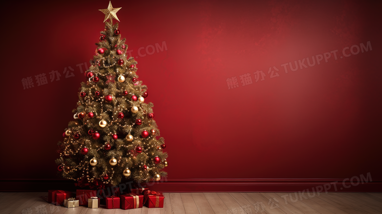 红色背景简约圣诞树装饰图片