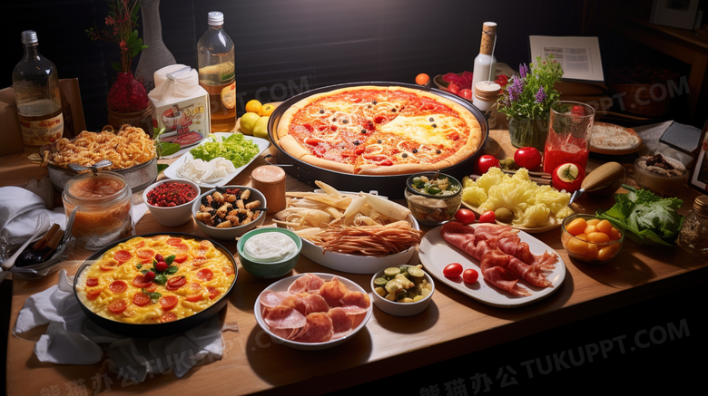 一桌丰盛的比萨美食图片