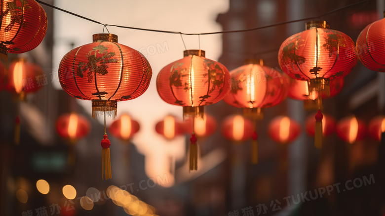 春节街道上挂着的红灯笼图片