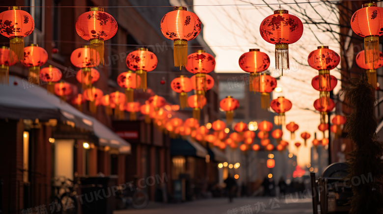 春节街道上挂着的红灯笼图片